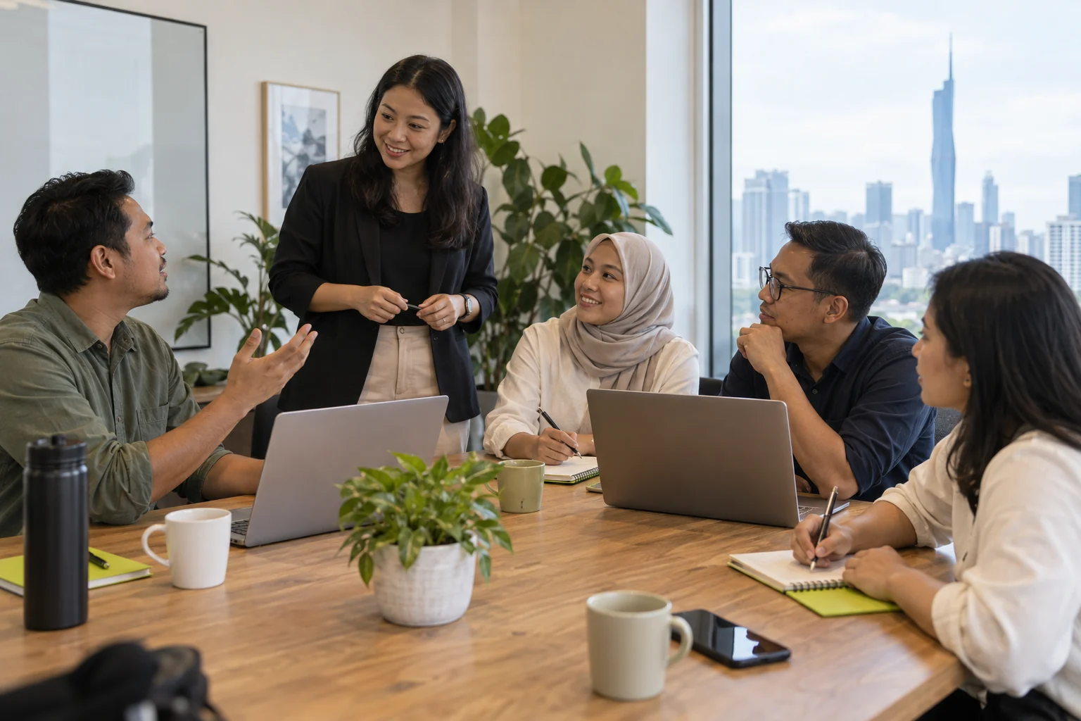 Illustrative workshop scene: colleagues learning and discussing AI together.