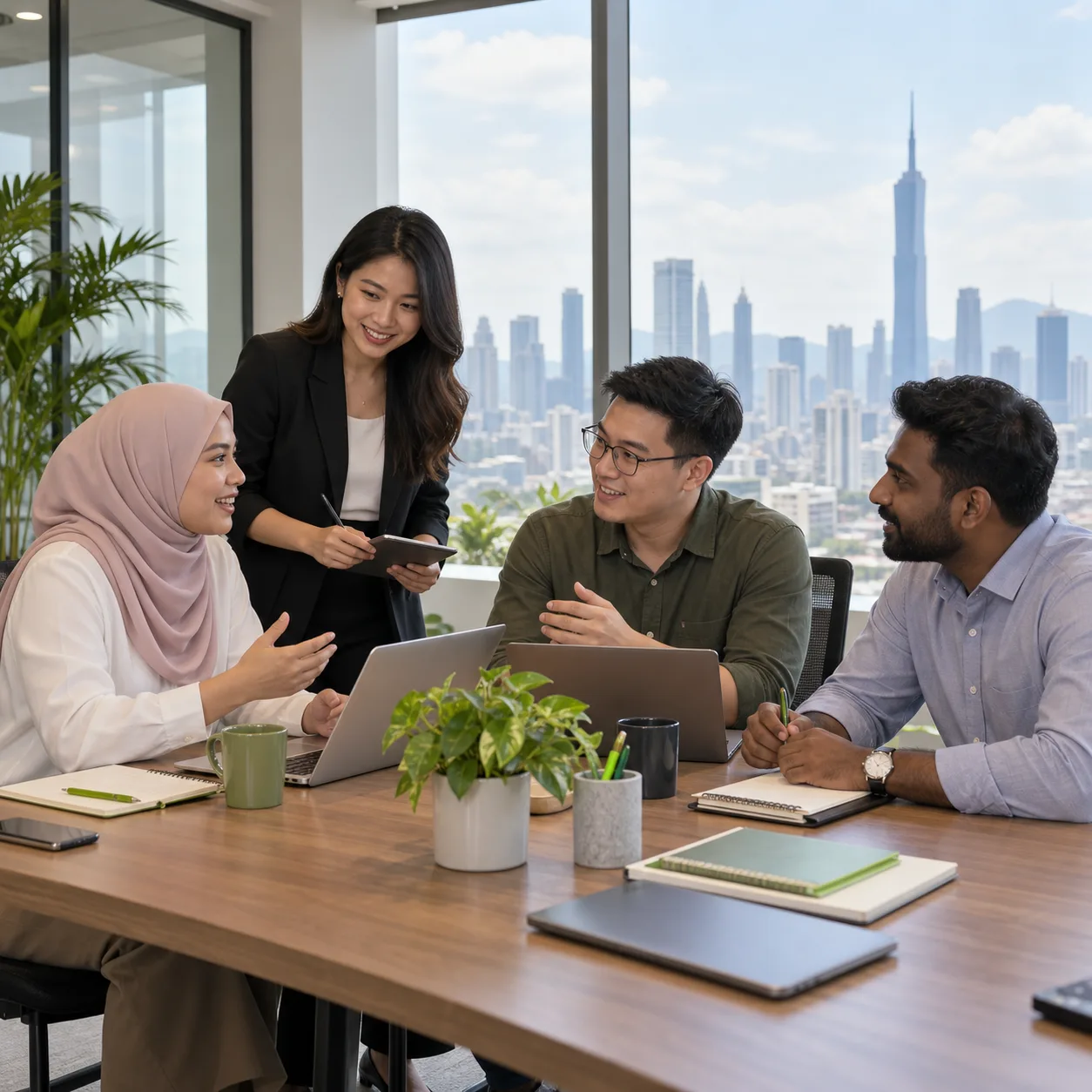 Illustrative workshop scene: colleagues learning and discussing AI together.